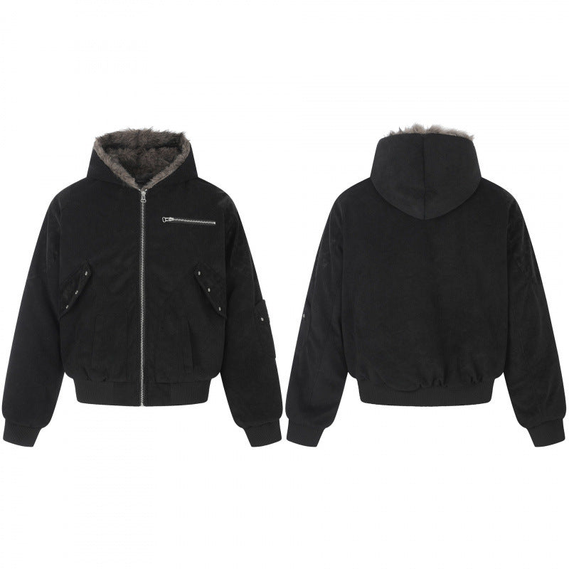Unisex oversized lined hooded bomber jacket made of suede imitation with teddy lining Fashion Glam