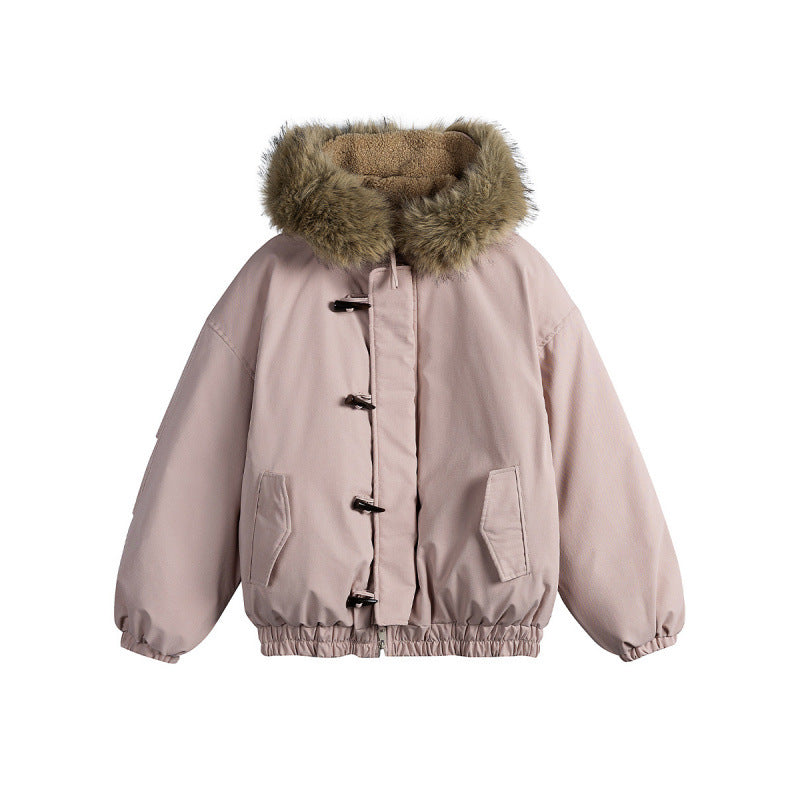 Unisex Padded Hooded Jacket in Boxy Cut with Teddy Lining, Faux Fur Collar and Toggle Closures Fashion Glam