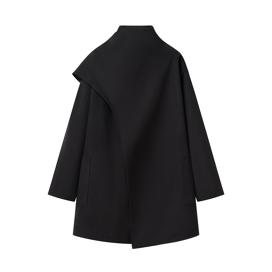 Women's short coat with high roll collar, cape detail, and patch pocket Fashion Glam