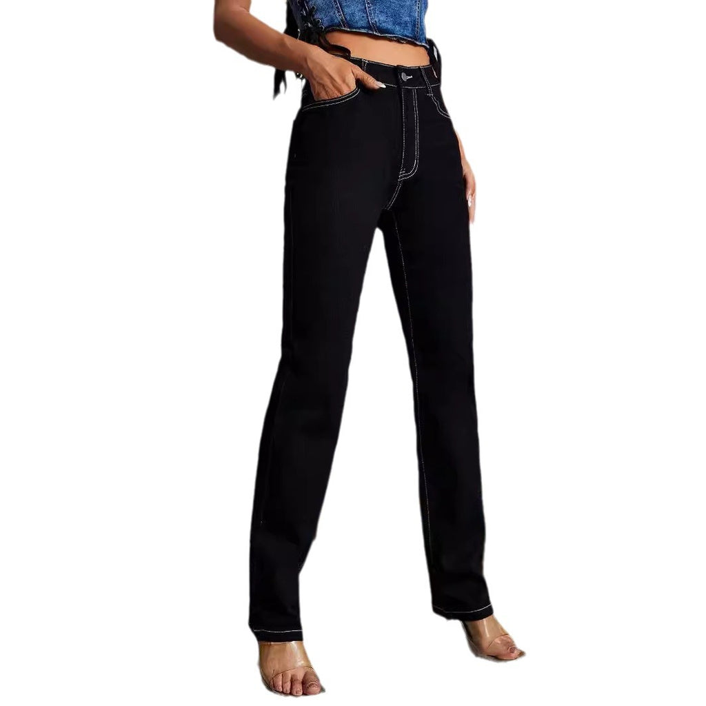 Women’s high-waisted straight cut jeans with contrast stitching Fashion Glam