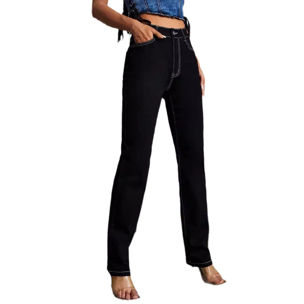 Women’s high-waisted straight cut jeans with contrast stitching Fashion Glam