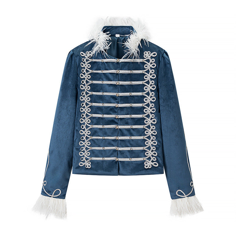 Women's Military Inspired Velvet Jacket with Decorative Cords, Feather Trim and Decorative Buttons Fashion Glam