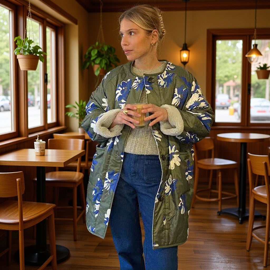 Women's Longline Quilted Coat with Floral Print, Teddy Lining and Oversized Silhouette Fashion Glam