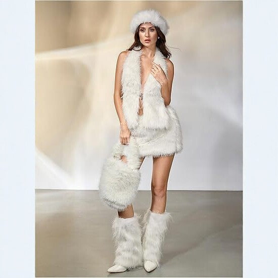 Women's multi-piece luxurious faux fur set with vest, hat, mini skirt, bag and cuffs Fashion Glam