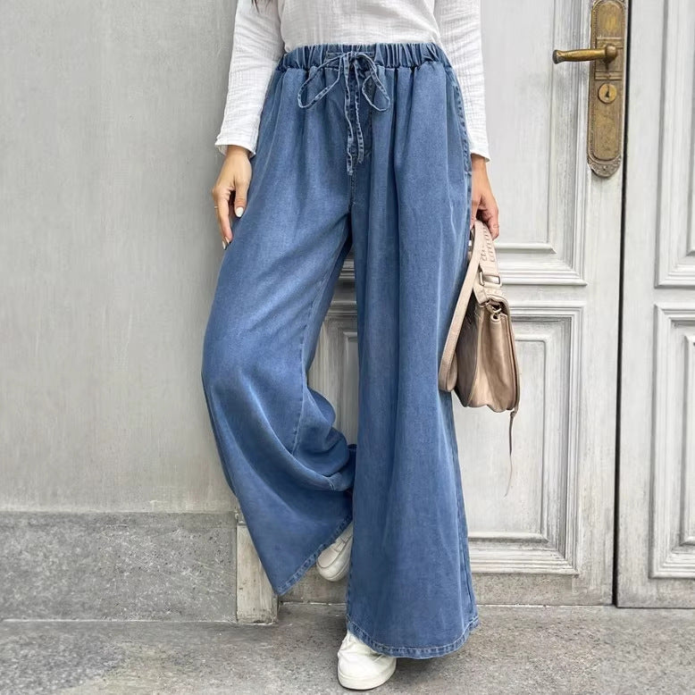 Women's Relaxed Palazzo Jeans with Drawstring Waist, Side Pockets and Extra Wide Leg Fashion Glam