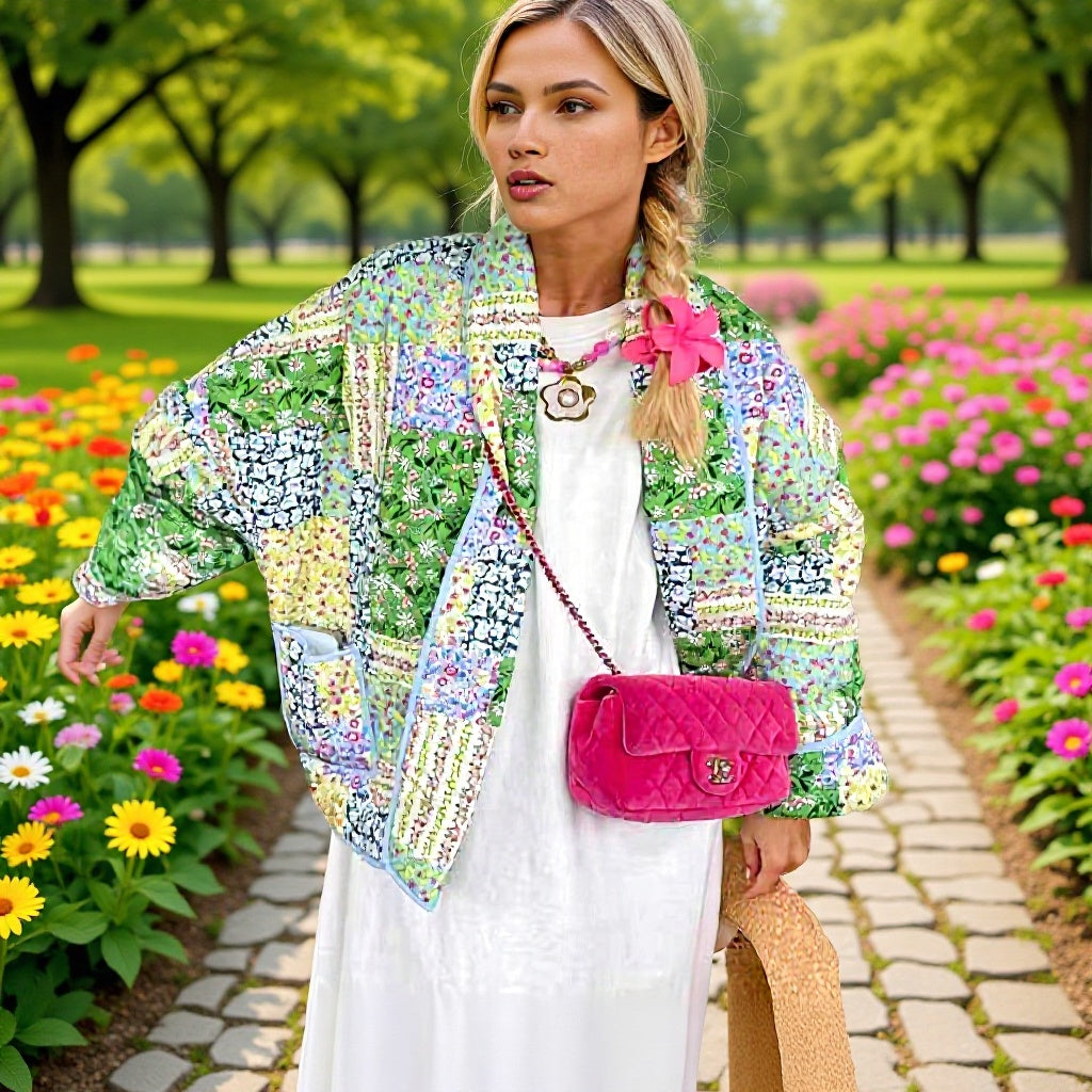 Ladies quilted patchwork quilted jacket with open shawl collar and patch pockets Fashion Glam