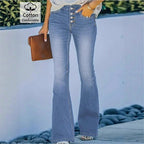 Ladies high-waisted flare jeans with decorative button placket and sculpting fit Fashion Glam