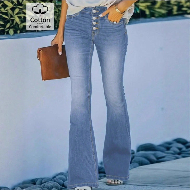 Ladies high-waisted flare jeans with decorative button placket and sculpting fit Fashion Glam