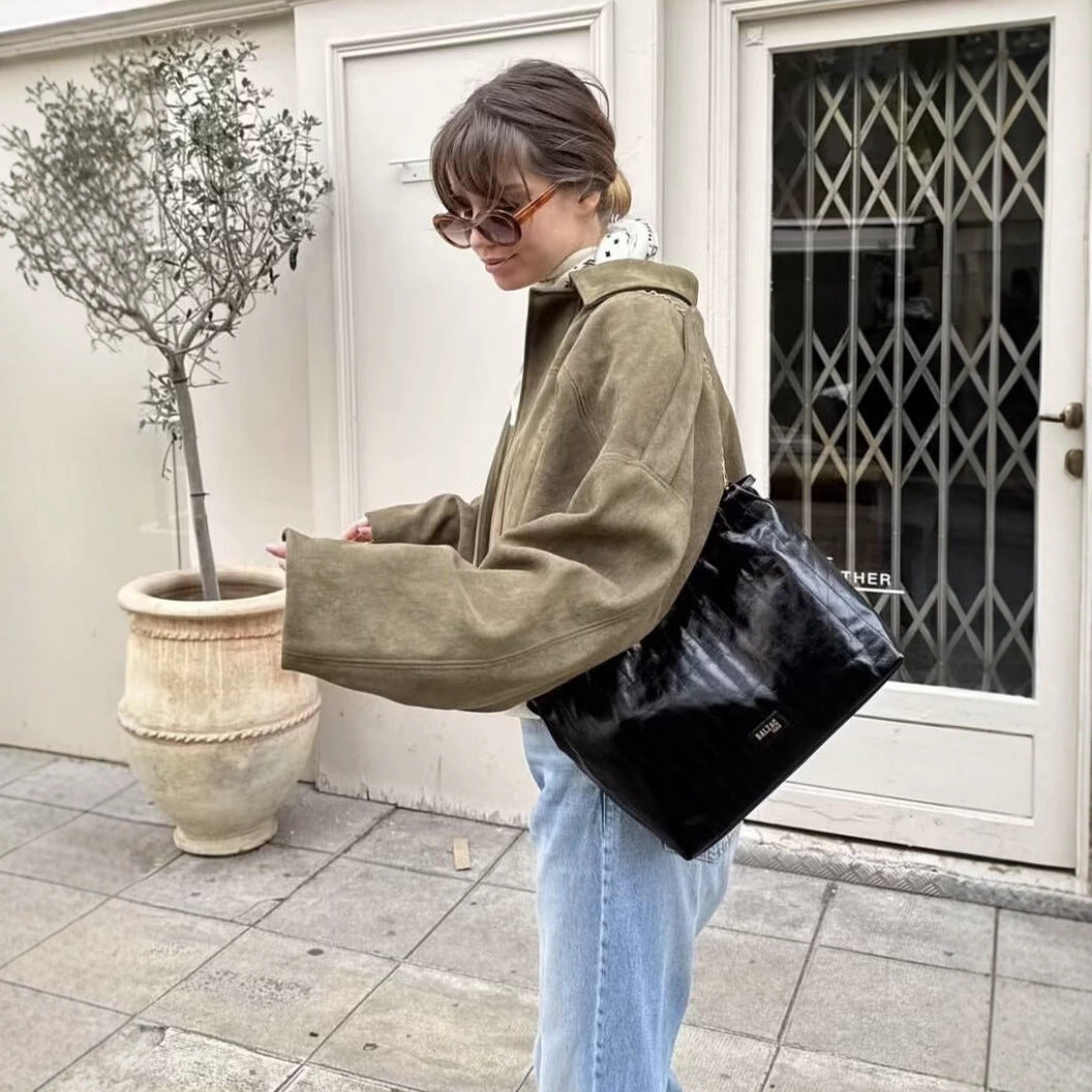 Women's Short Boxy Jacket in Oversized Suede Look with Balloon Hem Fashion Glam