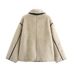 Women's short teddy coat with voluminous shawl collar and contrast piping Fashion Glam