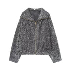 Women's cropped bouclé jacket with metallic effect and full-length zipper Fashion Glam