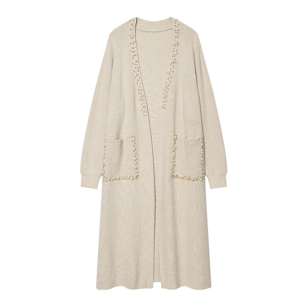 Women's long knit cardigan with bead embellishment and patch pockets Fashion Glam