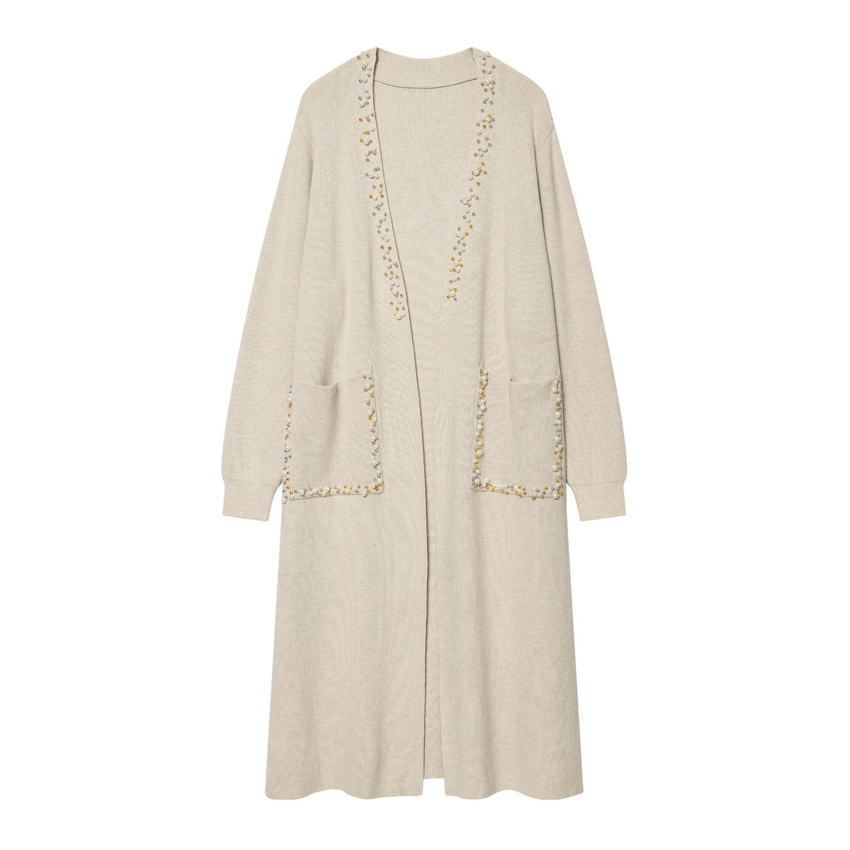 Women's long knit cardigan with bead embellishment and patch pockets Fashion Glam