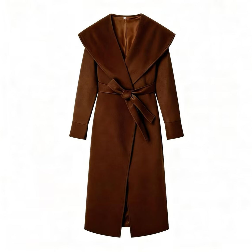 Women Elegant Coat with Oversized Shawl Collar and Tied Belt Fashion Glam