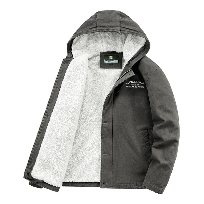Men's Hooded Canvas Parka with Teddy Fleece Lining and Wind Protection Placket Fashion Glam