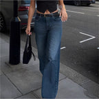 Ladies High-Waisted Wide-Leg Denim Jeans with Straight Hem and Light Used Effect Fashion Glam