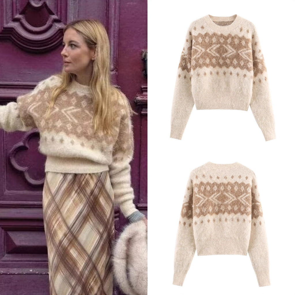 Women's Fluffy Knitted Sweater with Norwegian Pattern and Boxy Fit Fashion Glam