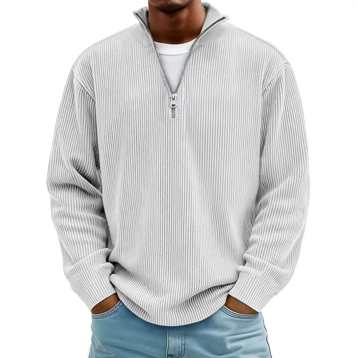 Men's ribbed knit pullover with half-zip and stand-up collar Fashion Glam