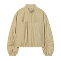 Women's Cropped Bomber Jacket with Stand-Up Collar, Snap Button Placket and Gathered Sleeves Fashion Glam