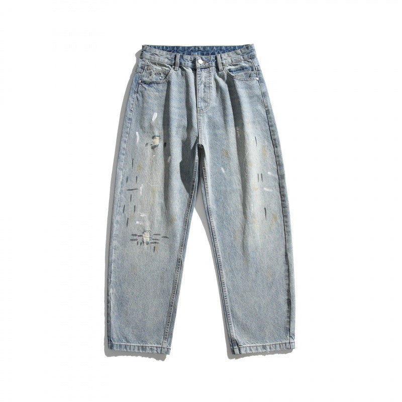 Men's Loose-Fit Vintage Denim Pants with Used Effect, Paint-Splatter and Distressed Details Fashion Glam
