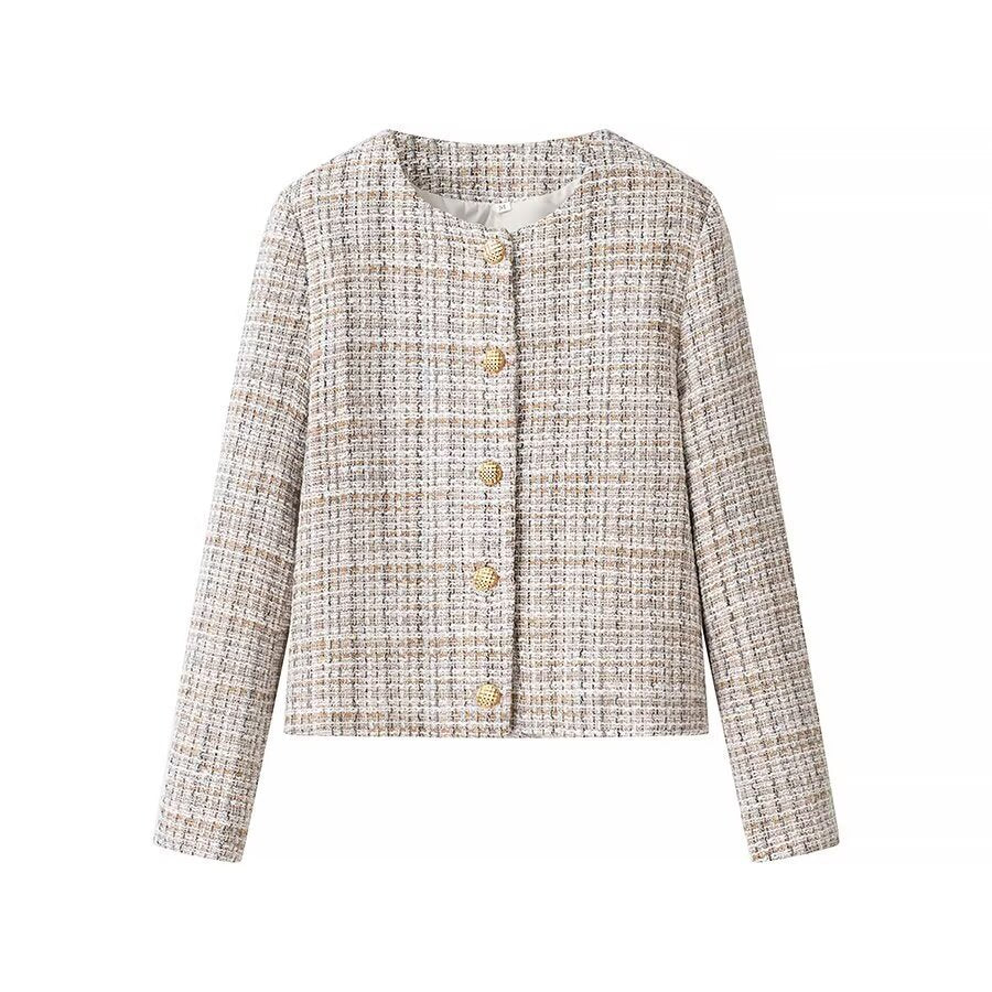 Women's Boxy Boucle Tweed Jacket with Gold Button Detail and Lightweight Lining Fashion Glam