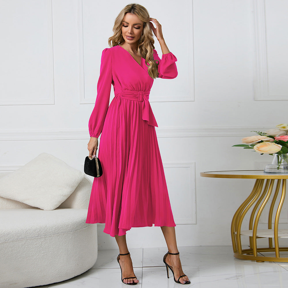 Women's Pleated Wrap Midi Dress with Waist Belt and V-Neck Fashion Glam