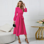 Women's Pleated Wrap Midi Dress with Waist Belt and V-Neck Fashion Glam