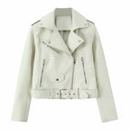 Women's robust fitted biker jacket made of faux leather with asymmetrical zipper and waist belt Fashion Glam