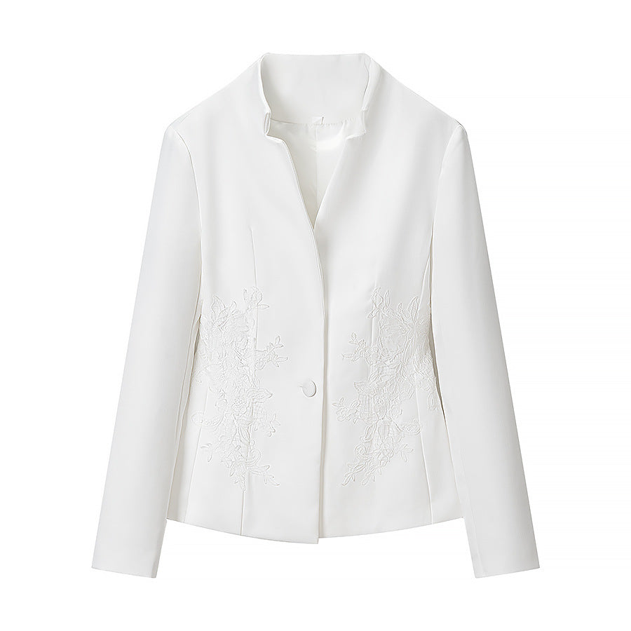Women's Tailored Blazer with Distinctive V-Neck and Stand Collar Detail Fashion Glam