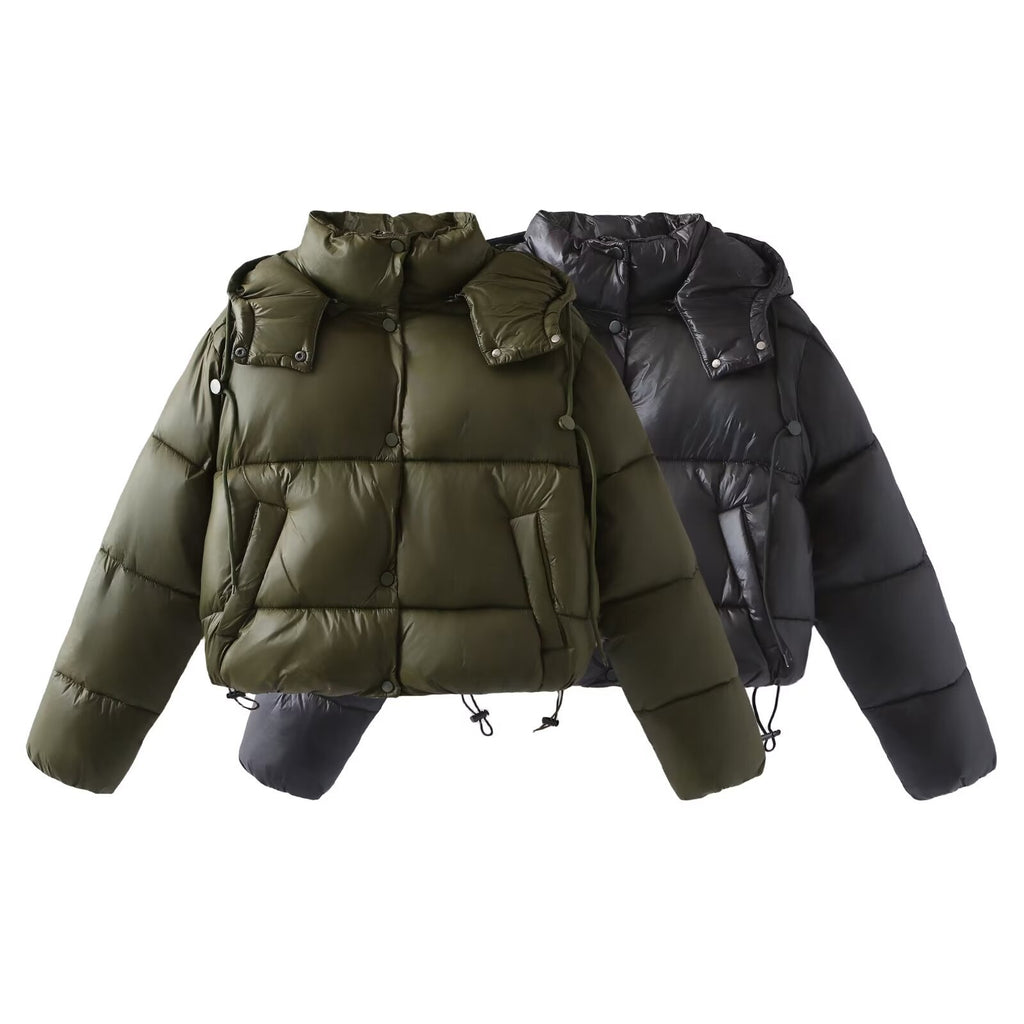 Women Shiny Cropped Puffer Jacket with Drawstring and Snap Button Placket Fashion Glam