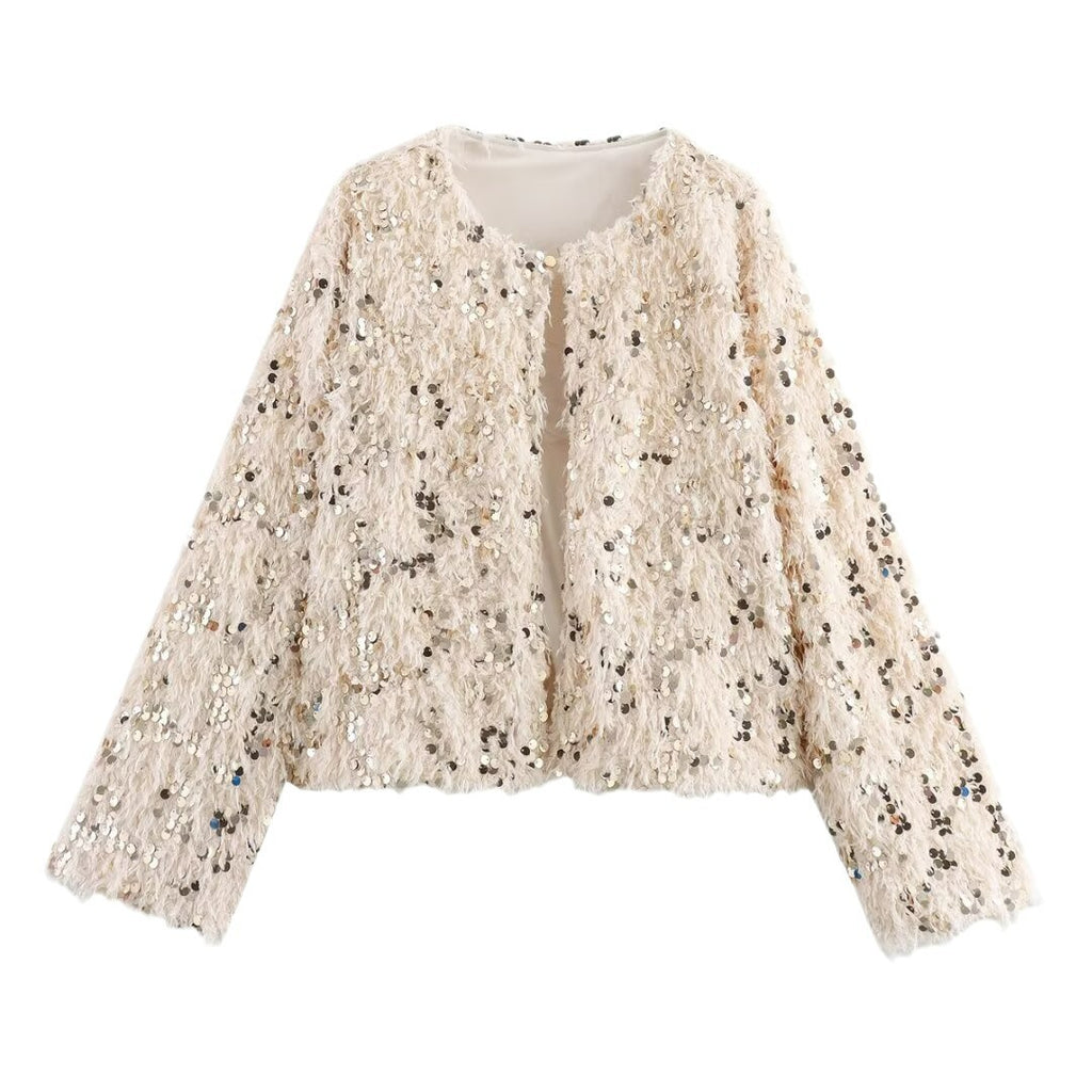 Women's Cropped Jacket made of fluffy Faux Fur with sequin trim Fashion Glam