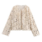 Women's Cropped Jacket made of fluffy Faux Fur with sequin trim Fashion Glam