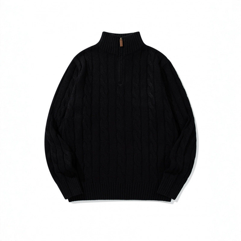 Unisex Coarse Knitted Half-Zip Cable Pattern Sweater with Stand-Up Collar and Ribbed Edges Fashion Glam