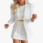 Women's Tailored Double-Breasted Blazer with Puff Sleeves and Gold Decorative Buttons Fashion Glam