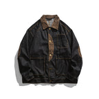Men's Boxy Denim Work Jacket with Cord Collar, Flap Pockets and Elbow Patches Fashion Glam