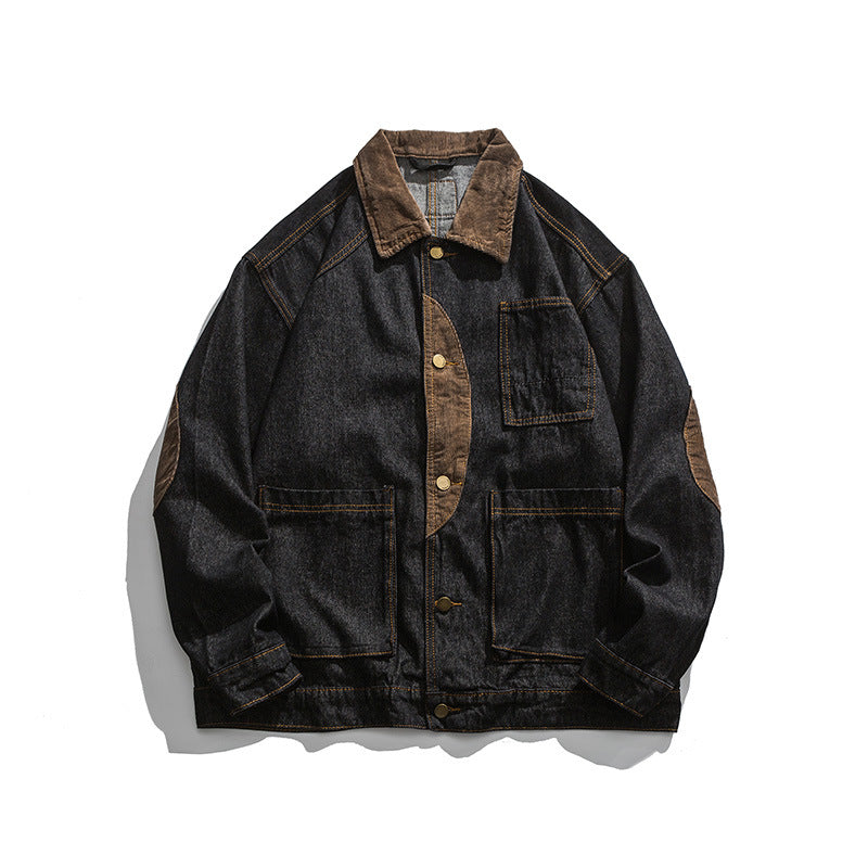 Men's Boxy Denim Work Jacket with Cord Collar, Flap Pockets and Elbow Patches Fashion Glam