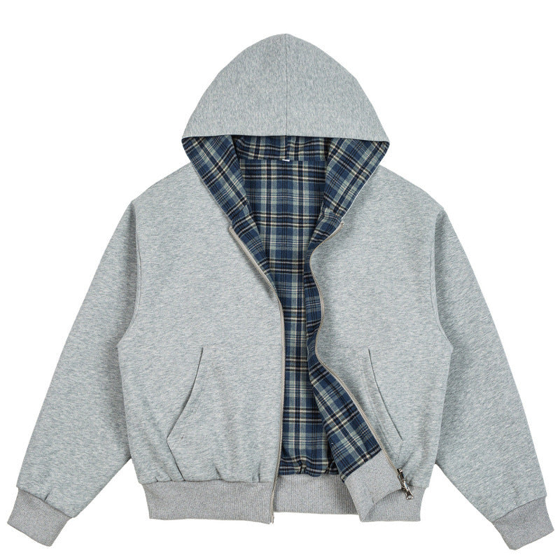 Unisex Padded Hoodie Bomber Jacket with Checkered Flannel Lining and Sturdy Zipper Fashion Glam
