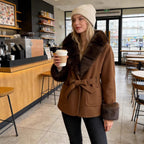 Women's Short Wool Blend Coat with Faux Fur Collar, Waist Belt and Patch Pockets Fashion Glam