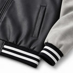 Men's Retro Letterman Bomber with Smooth Faux Leather Body and Velvet Sleeve Detail Fashion Glam