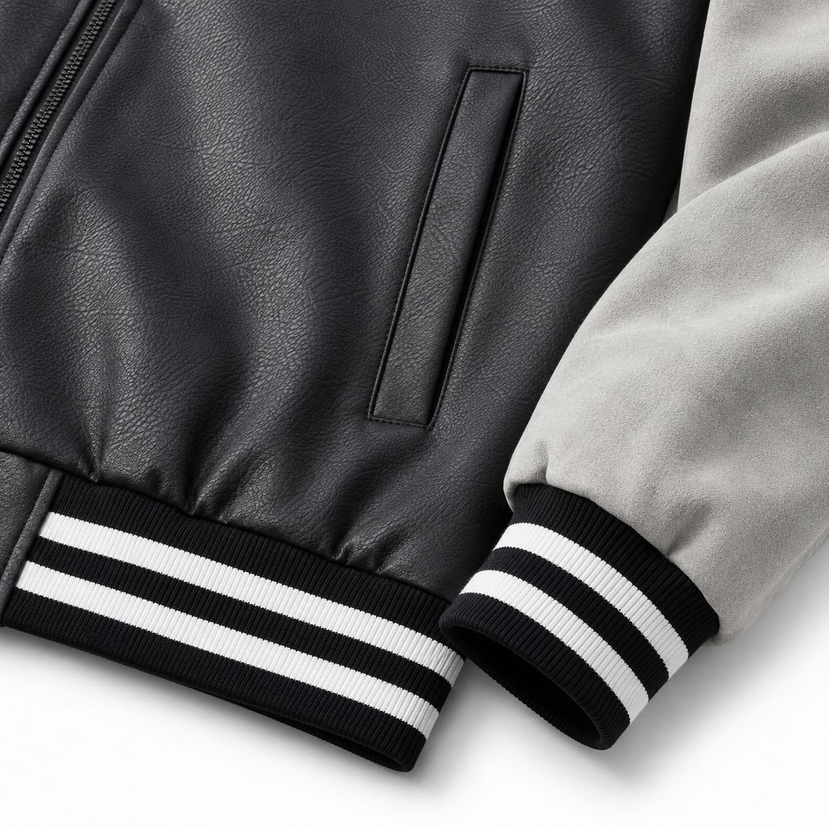 Men's Retro Letterman Bomber with Smooth Faux Leather Body and Velvet Sleeve Detail Fashion Glam