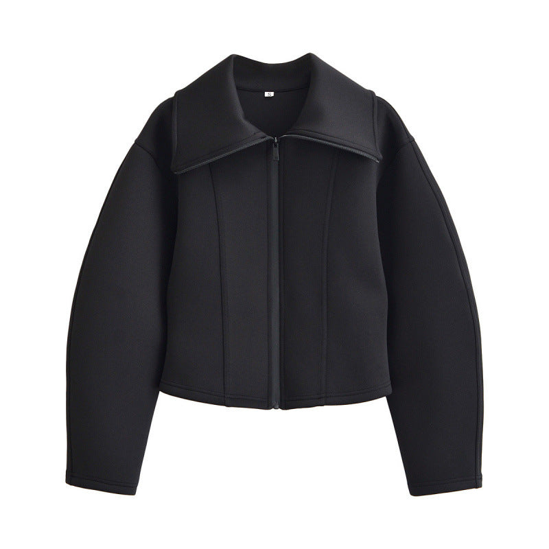Women's Cropped Structured Jacket in Neoprene Look with Wide Shawl Collar Fashion Glam