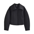 Women's Cropped Structured Jacket in Neoprene Look with Wide Shawl Collar Fashion Glam