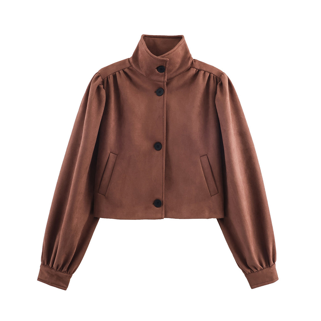 Women's short-cut suede-look jacket with stand-up collar, balloon sleeves, and pocket flaps Fashion Glam