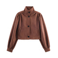 Women's short-cut suede-look jacket with stand-up collar, balloon sleeves, and pocket flaps Fashion Glam