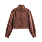 Women's short-cut suede-look jacket with stand-up collar, balloon sleeves, and pocket flaps Fashion Glam