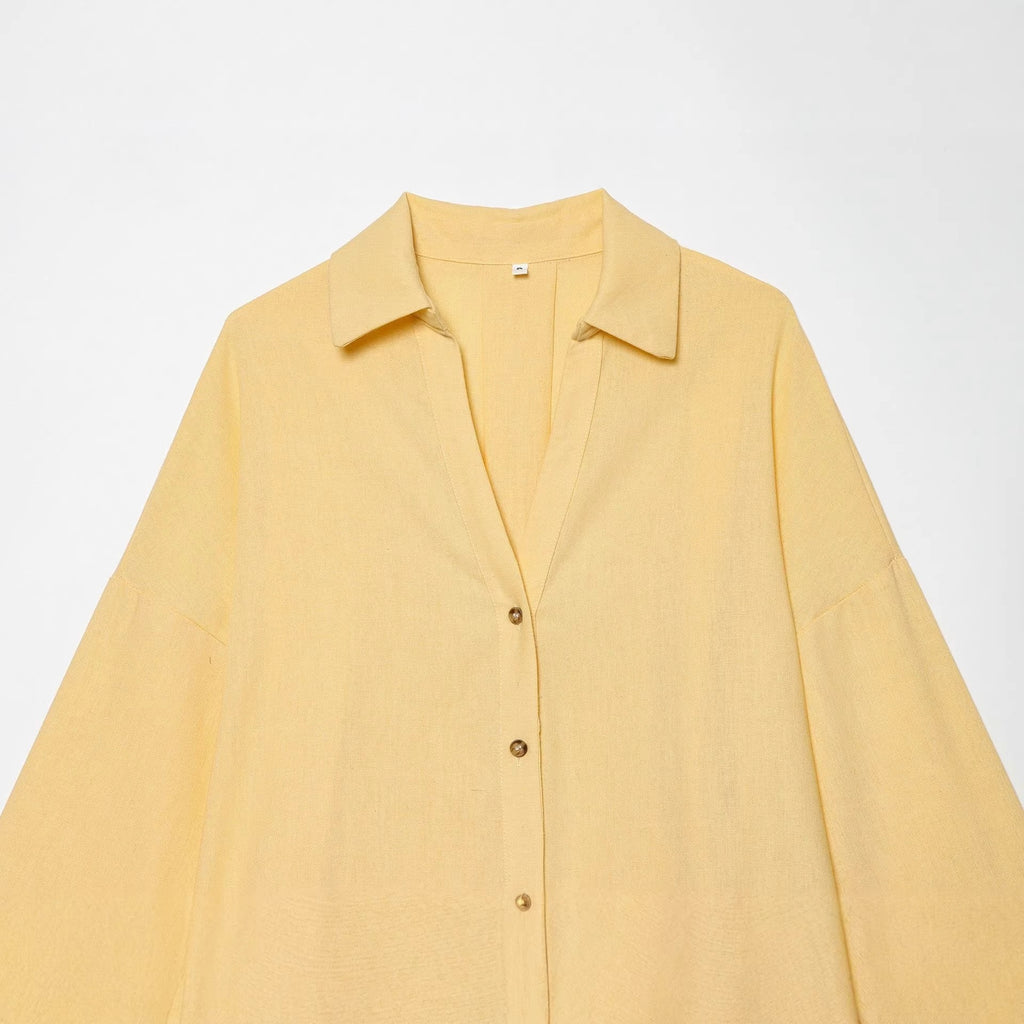 Women Oversized Linen Blouse with Kimono Sleeves and Continuous Button Placket Fashion Glam