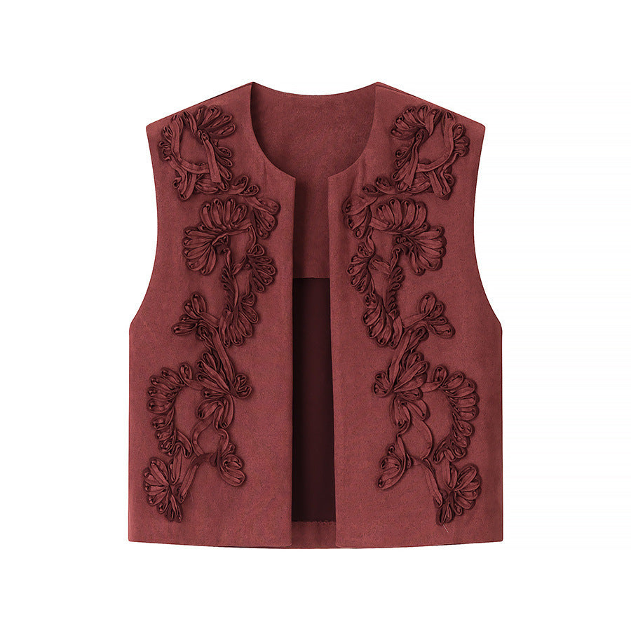 Ladies Embroidered Suede-Look Vest with Three-Dimensional Flower Appliqué Fashion Glam