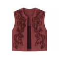 Ladies Embroidered Suede-Look Vest with Three-Dimensional Flower Appliqué Fashion Glam
