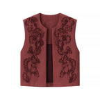 Ladies Embroidered Suede-Look Vest with Three-Dimensional Flower Appliqué Fashion Glam