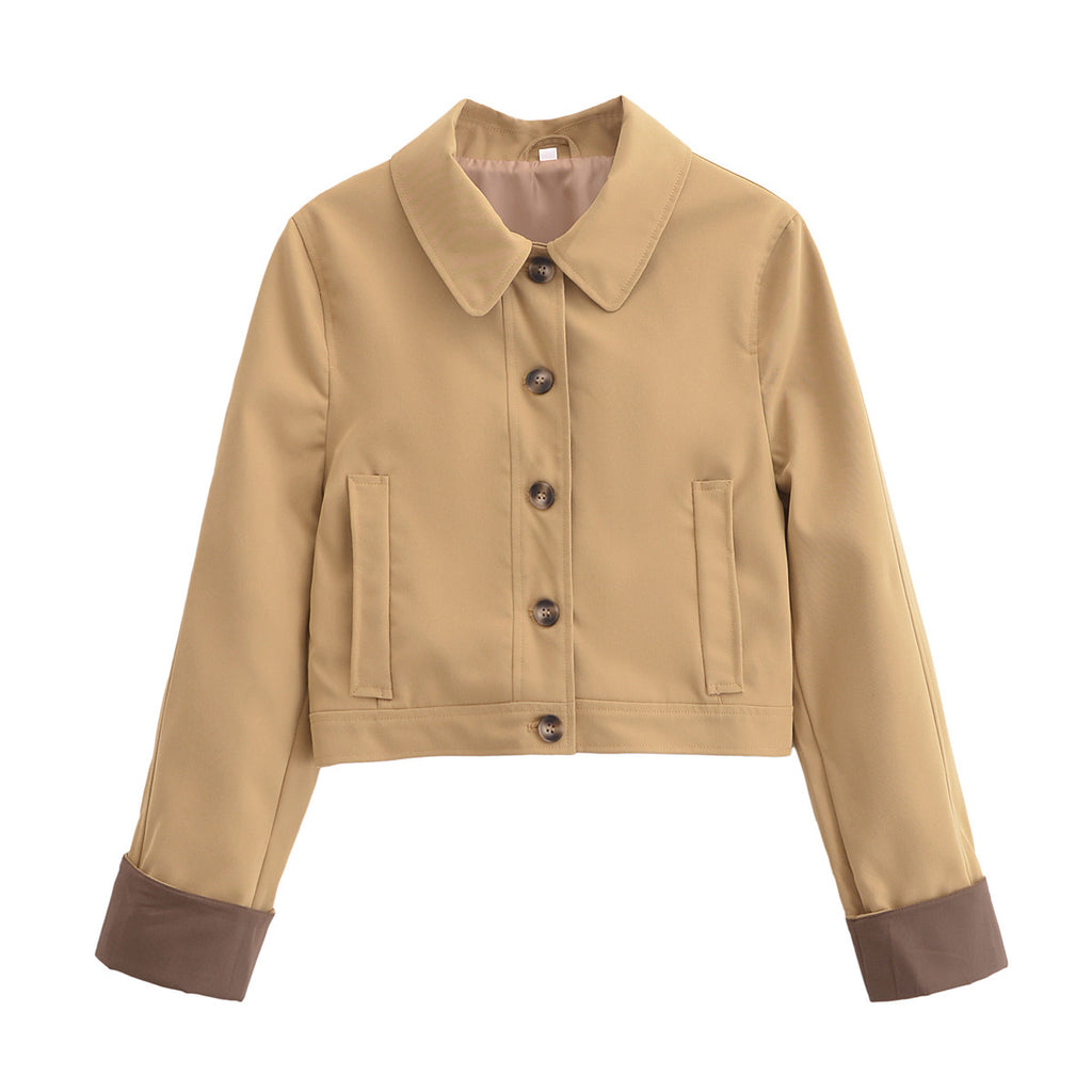 Women's Cropped Utility Jacket with Shirt Collar, Contrasting Turn-Up Cuffs and Continuous Button Placket Fashion Glam